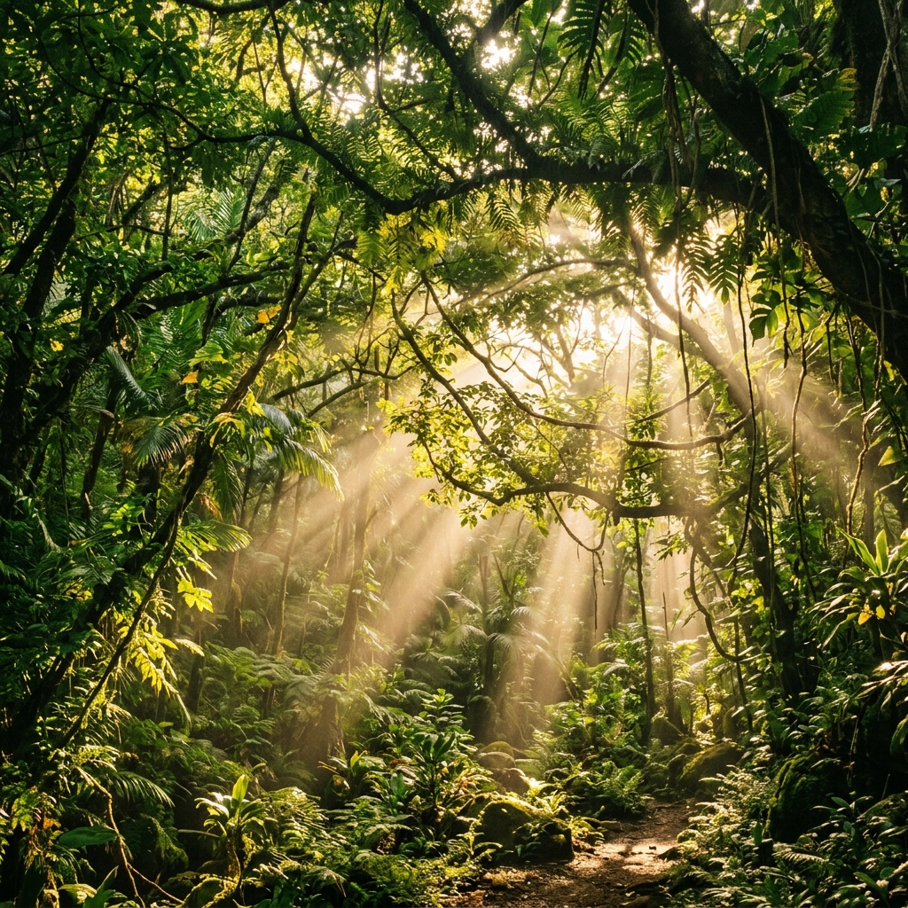 Sunlight through a Hawaiian forest canopy